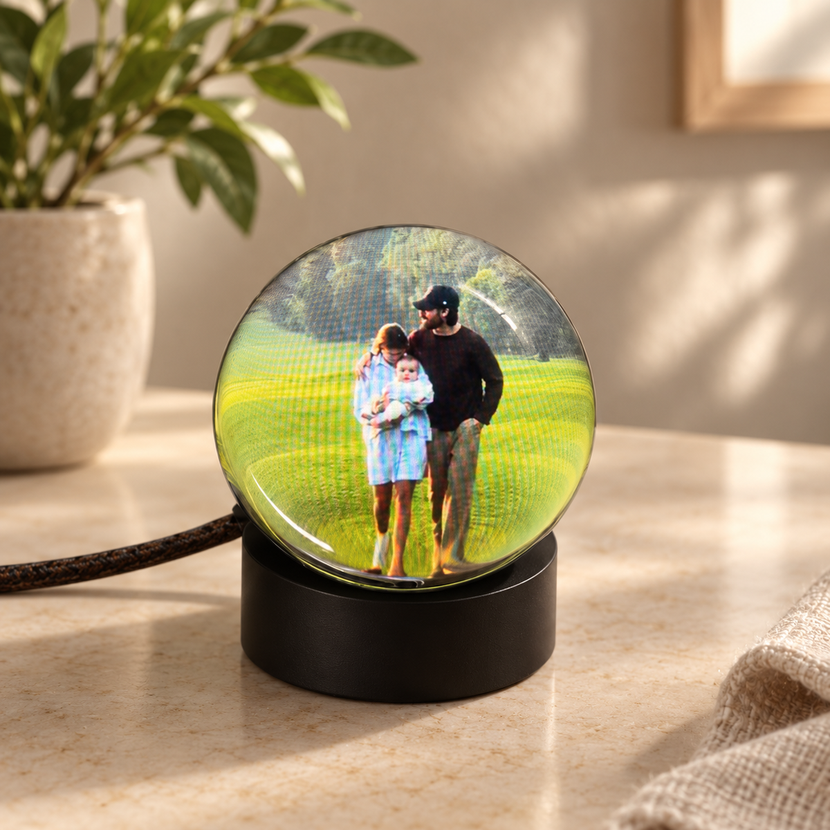 SoulSphere playing a memory on its black stand; composition based on a product photograph